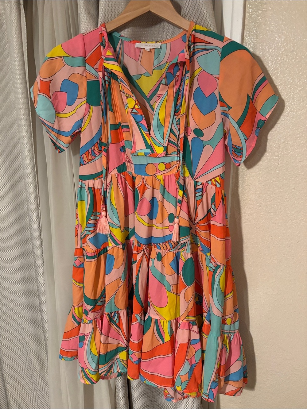 Olivaceous Multicolor Abstract Print Mini Dress - Peach, Pink, Aqua